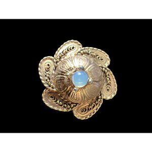 Small Gold 3D Flower Brooch Pin with Opalescent Blue Stone